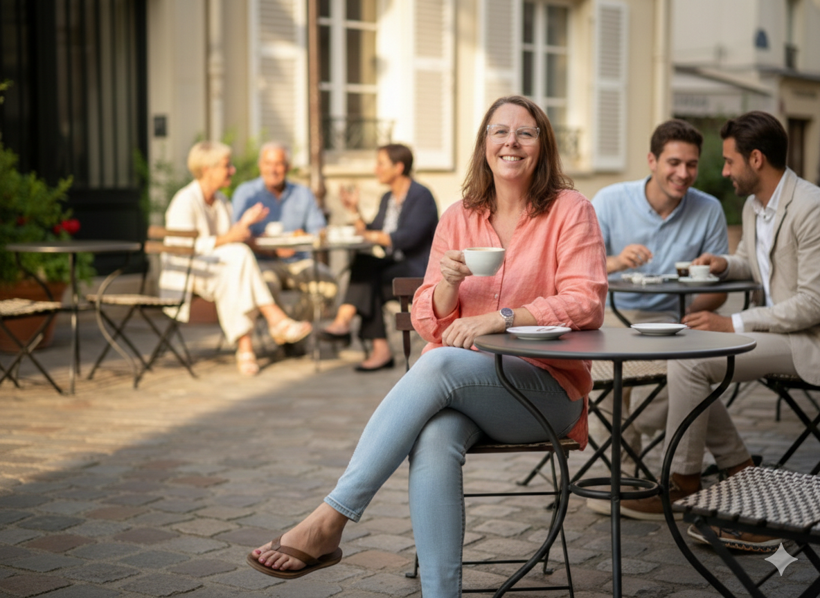 Eine Frau im mittleren Alter sitzt in einem französischen Café. Um sie herum sitzen andere Menschen und plaudern