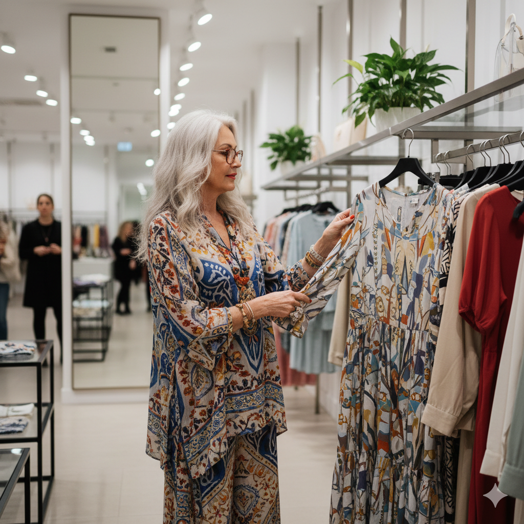 Ältere Frau mit buntem Kleid in einer Boutique schaut nach Kleidung