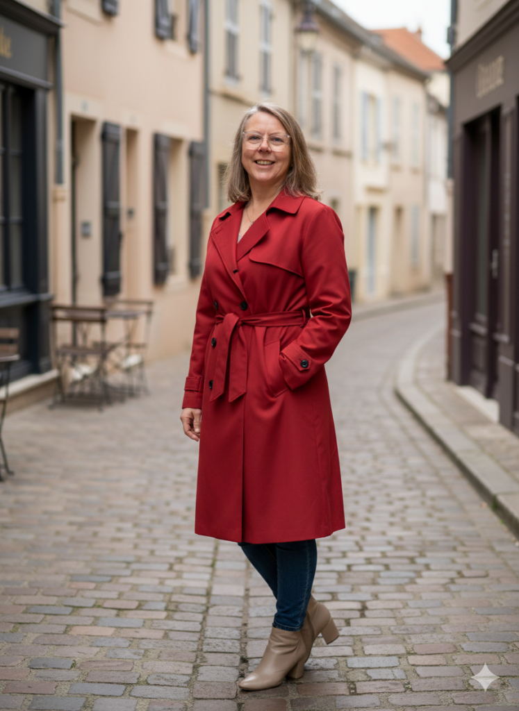 Eine ältere Frau steht in einer Straße und trägt einen roten Mantel.